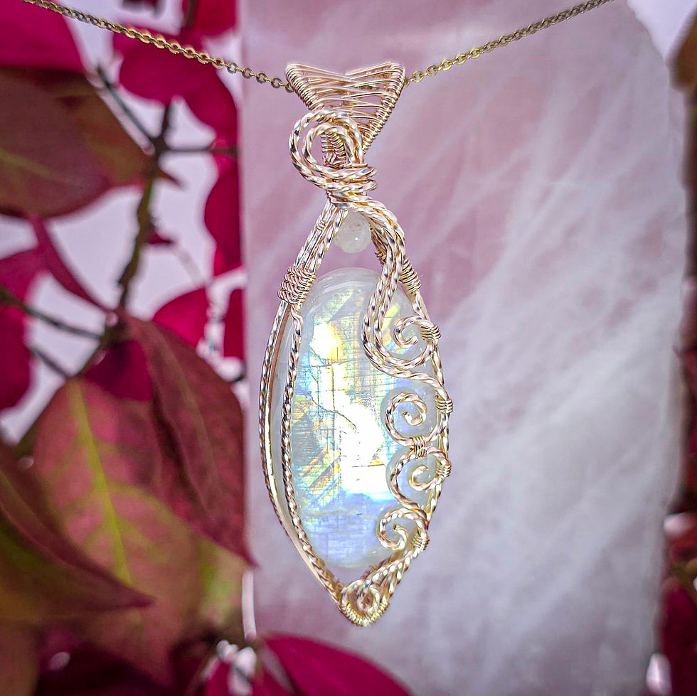 Thumbnail: Top Quality Rainbow Moonstone Pendant in a Twisted, Woven, and Swirly Gold Frame