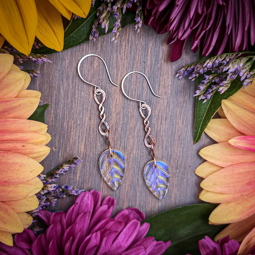 Thumbnail: Custom: Twisted and Hammered Copper Earrings with Opalescent Glass Leaf Accents