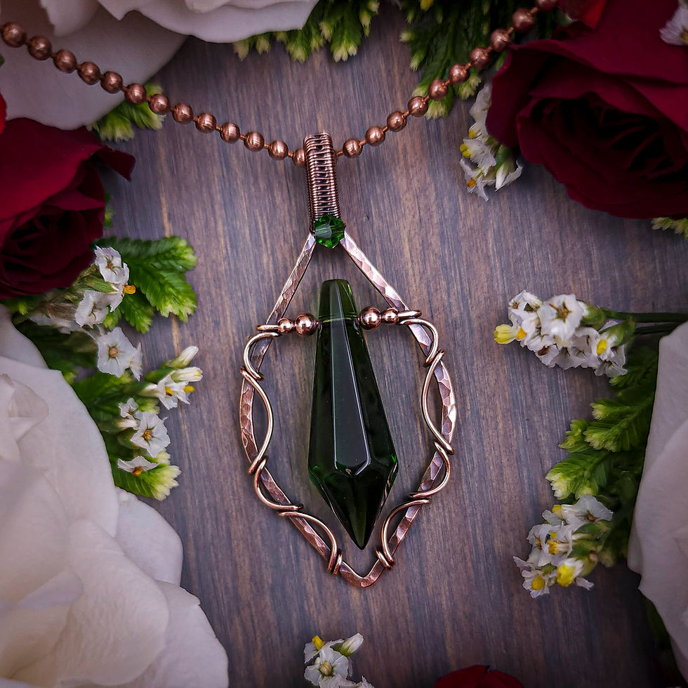 Thumbnail: Custom Order: Green Glass Crystal Pendant in Open Hammered & Woven Copper Frame