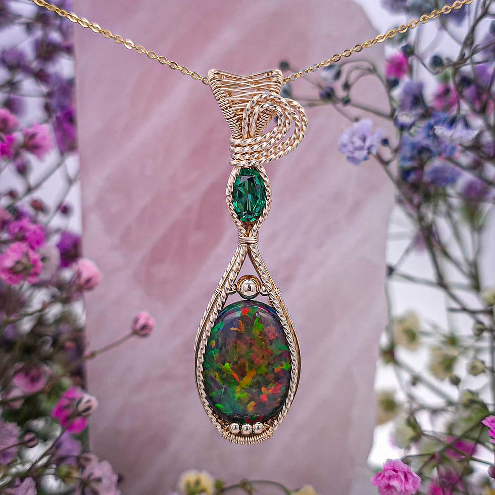 Thumbnail: 14 Carat Black Ethiopian Opal & Emerald Green Gemstone Pendant in 14k Gold Frame