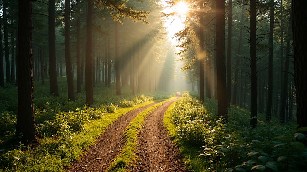 High angle view of a winding forest path bathed in soft sunlight