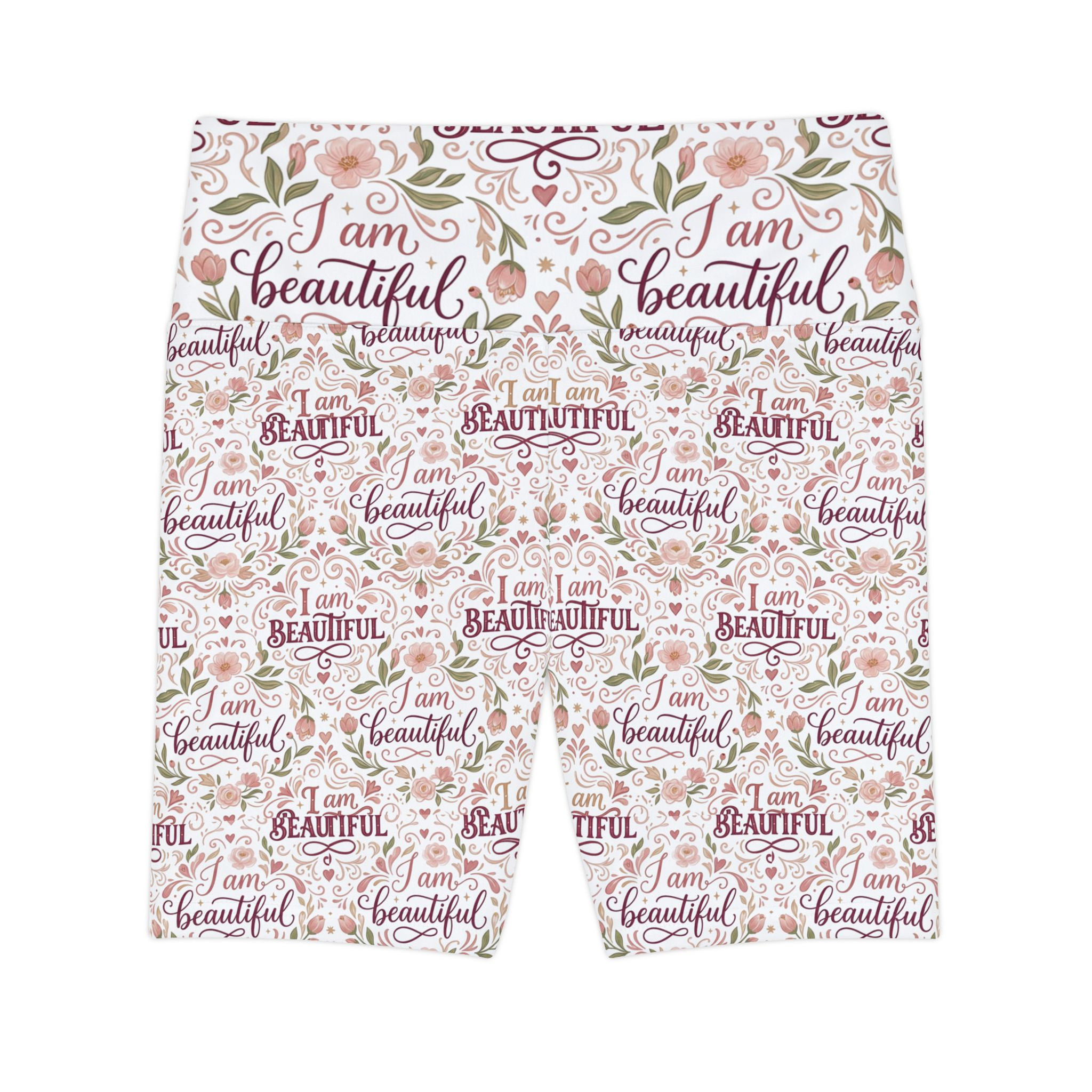 I Am Beautiful Floral Workout Shorts — Women's Motivational Activewear
