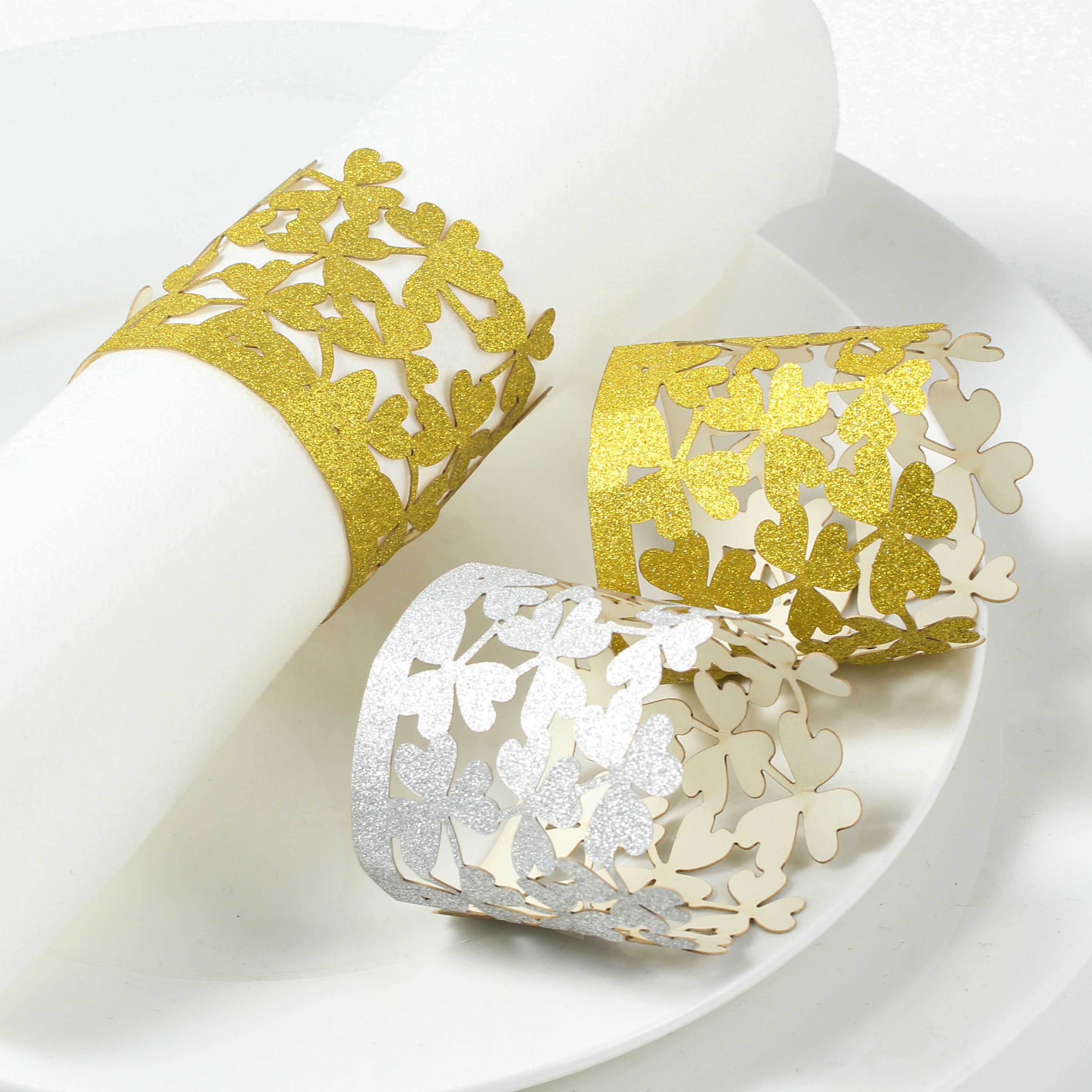 Lekoch 50pcs Leaf Clover Paper Napkin Rings Shiny Gold Disposable Napkin Rings