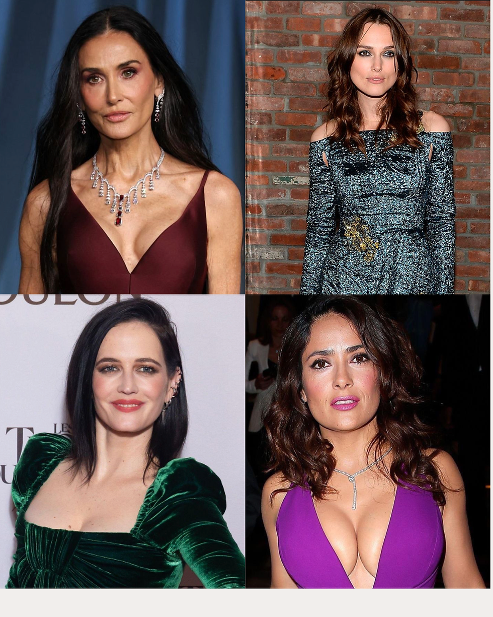actresses (Demi Moor, Keira Knightley, Eva Green, Salma Hayek) with deep and cool colouring are wearing suitable event wear colours: deep wine, metallic, emerald, vivid purple.
