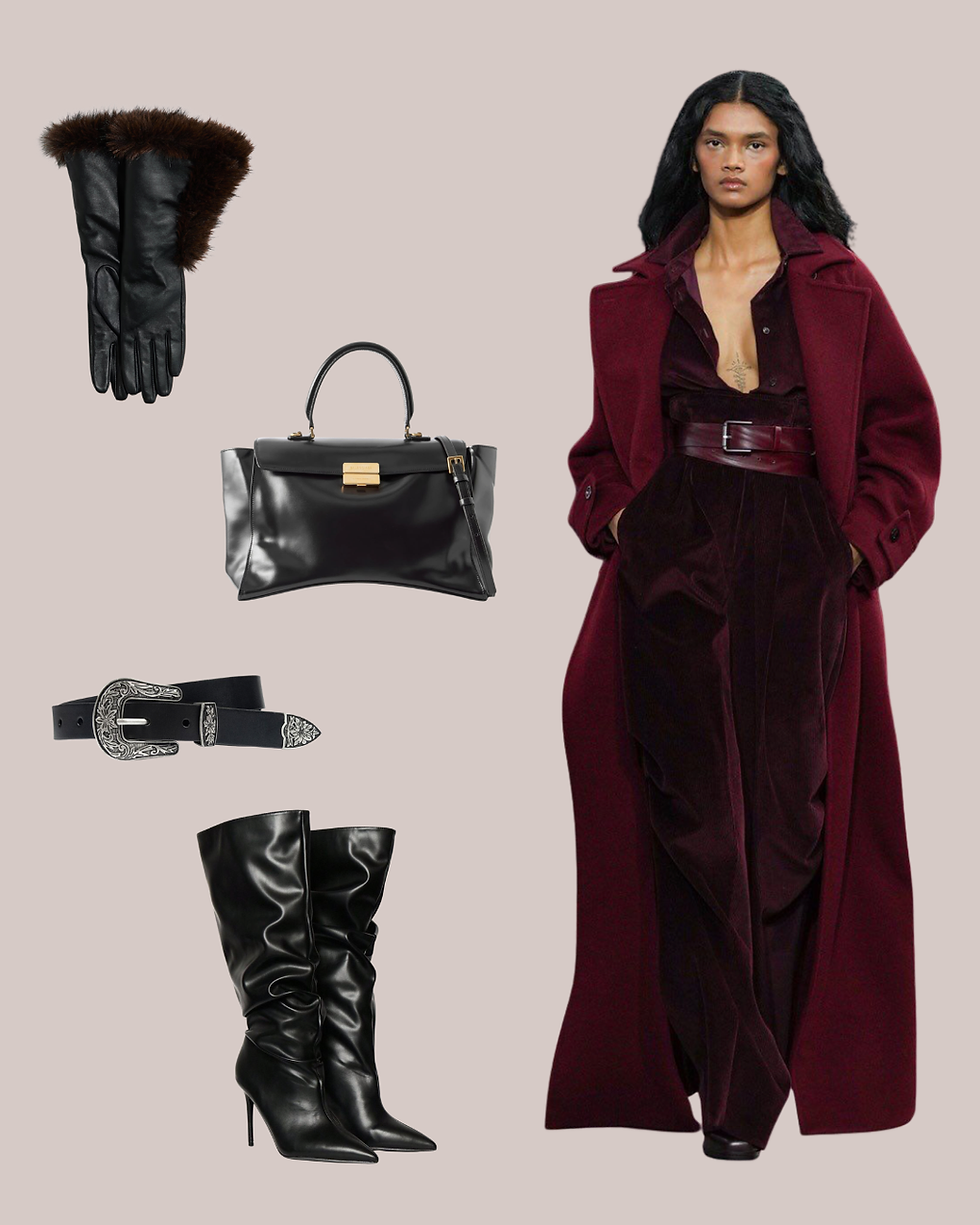 cool burgundy with black accessories