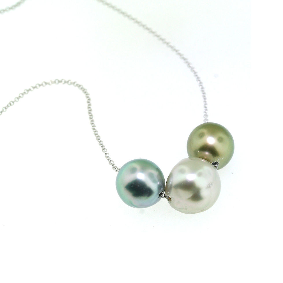 3 Tahitian Pearl & 14k White Gold Necklace
