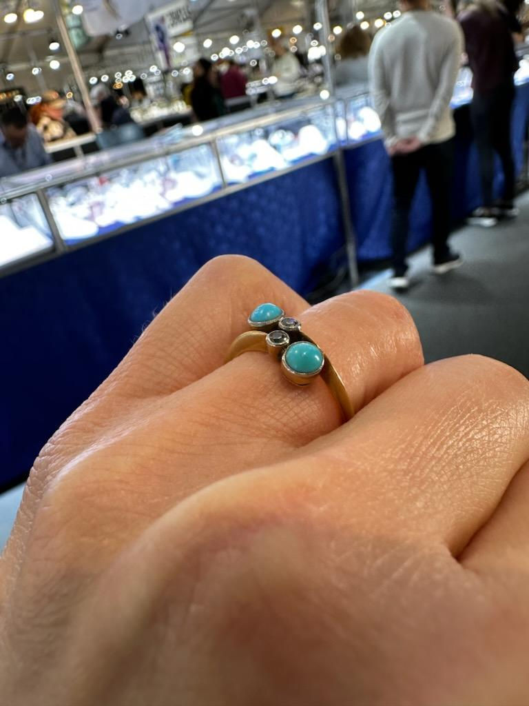 Thumbnail: Art Nouveau Style Diamond and Turquoise Ring