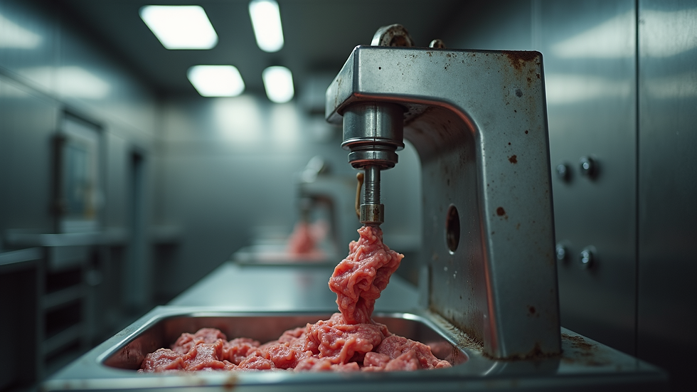 Eye-level view of commercial meat mixer machine in industrial kitchen