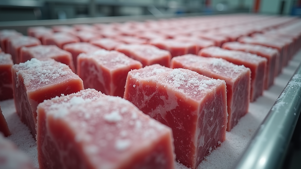 High angle view of frozen meat blocks ready for flaking in a processing plant