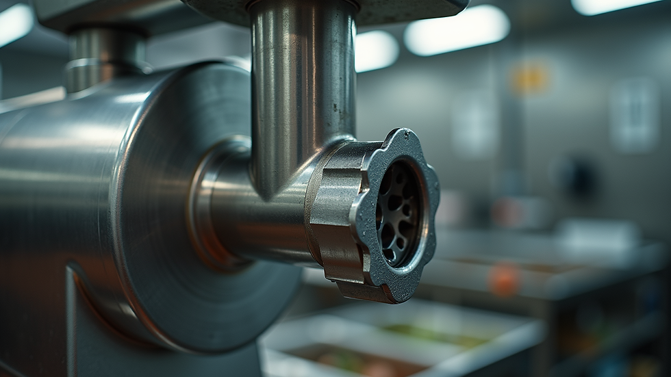 Close-up of industrial meat grinder with stainless steel parts
