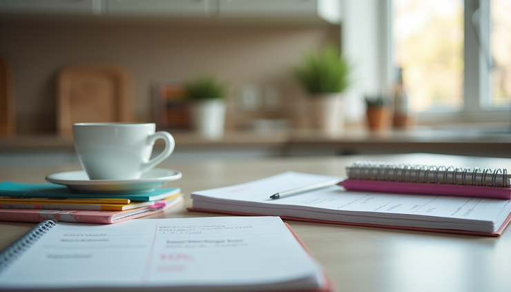 Eye-level view of a kitchen counter cluttered with children's school supplies and a planner