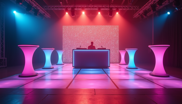 Eye-level view of a vibrant dancefloor illuminated by colorful uplights and LED poseur tables