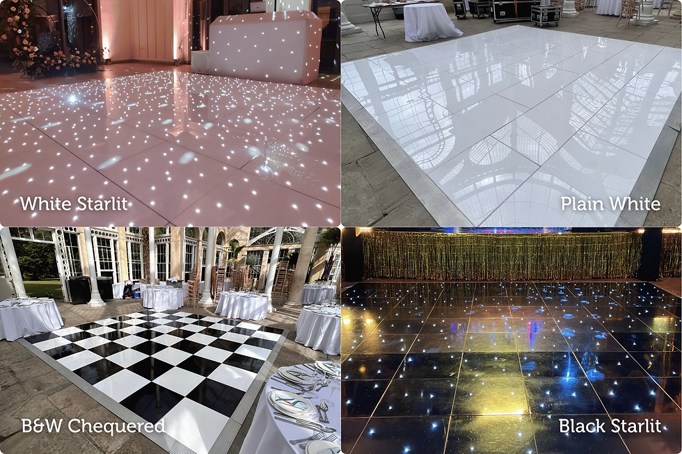 Four dance floors: White Starlit with lights, Plain White, B&W Chequered in elegant setting, Black Starlit with blue lights and gold curtain.
