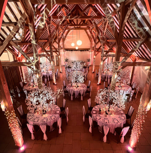 LED uplights creating romantic ambience at London wedding receptio