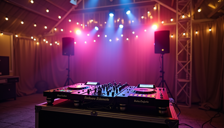 DJ equipment on a stand in a dimly lit venue. Colorful lights above with pink and purple hues create a lively atmosphere. Text labels visible.