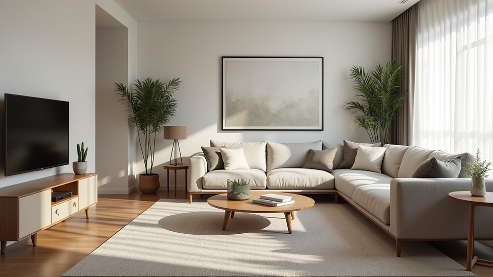 Eye-level view of a beautifully renovated living room with modern furniture