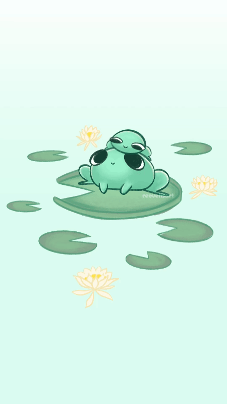 Two little frogs sittin on a lily pad share a sweet kiss.