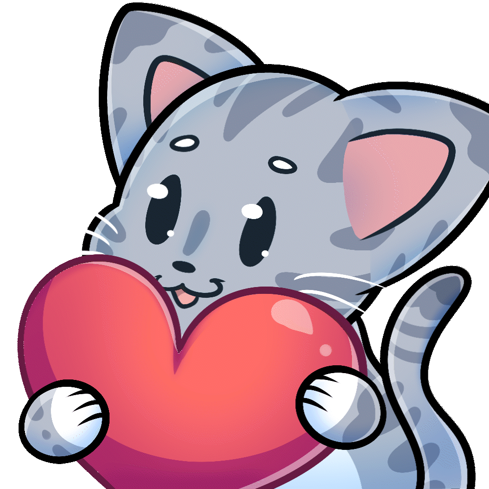 A grey kitten holds up a big cartoon heart