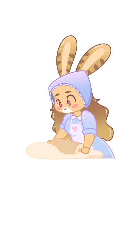 A cottage core dressed bunny rolls out some dough.