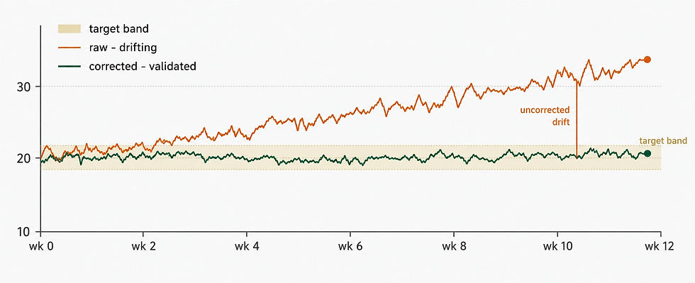 FIG 3. Left uncorrected, a low-cost sensor drifts steadily away from ground truth. Calibration and continuous validation keep the reported value honest.