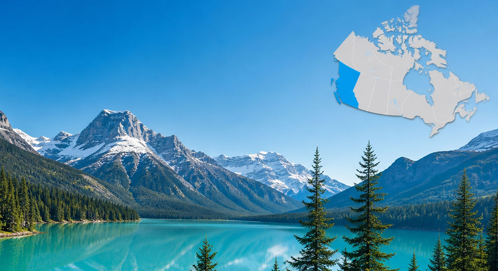 Turquoise lake, snow-capped mountains, map of Canada with British Columbia