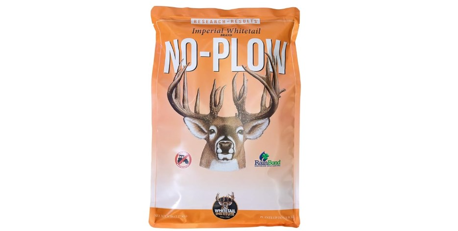 A Mature Whitetail Buck on a bag of Imperial Whitetail No-Plow Food Plot Seed