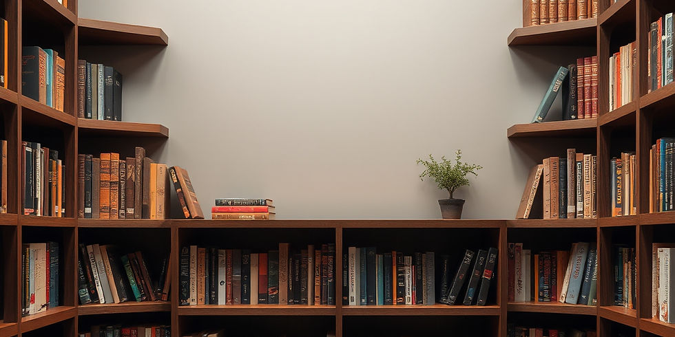 Wooden bookshelves filled with various books and a small plant