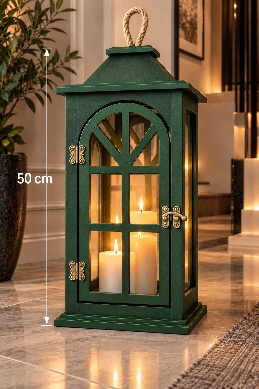 COLORİDO DEKORATİF AMAÇLI BÜYÜK BOY AHŞAP 2 Lİ MUMLUK YEŞİL 50 CM VE 45 CM