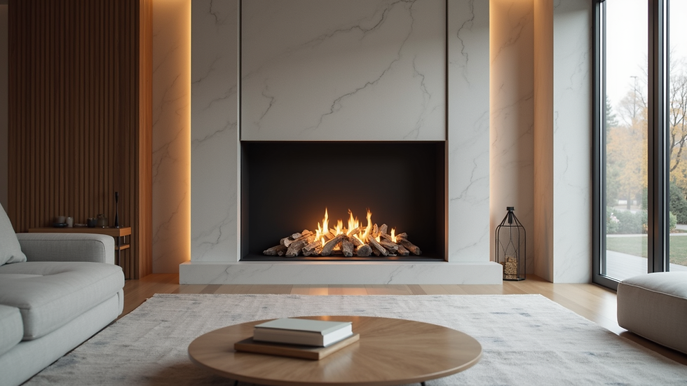 Eye-level view of a modern bioethanol fireplace in a minimalist living room