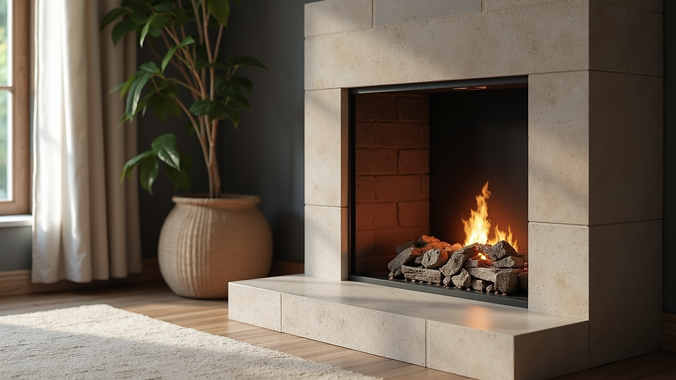 Eye-level view of a modern customized fireplace with stone surround