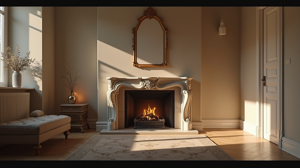 High angle view of an elegant fireplace with subtle lighting and neutral decor