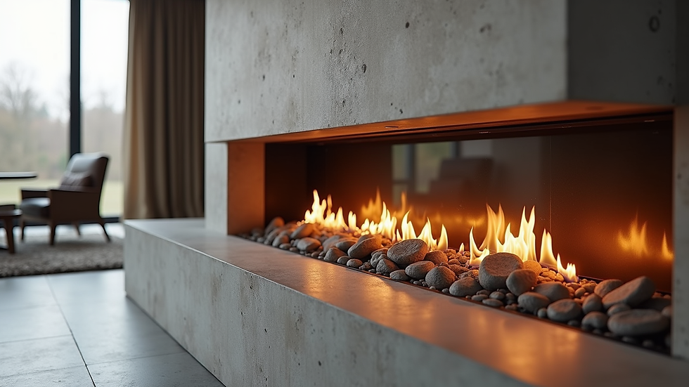 Close-up view of a linear bioethanol fireplace with a concrete surround in a modern dining room