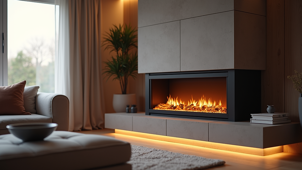 Eye-level view of a modern electric fireplace installed in a living room