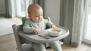 Un enfant qui réfléchit sur ce bol Réussis la diversification alimentaire bébé entre 4 et 6 mois. Découvre nos conseils sur les textures lisses, les allergènes et les signes de faim.