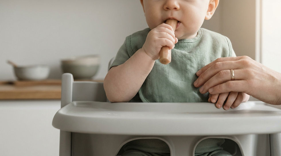 Un bébé en haut-chair porte un vêtement vert et mordille un bâtonnet mou. Une main d'adulte le soutient. Fond neutre et lumineux.