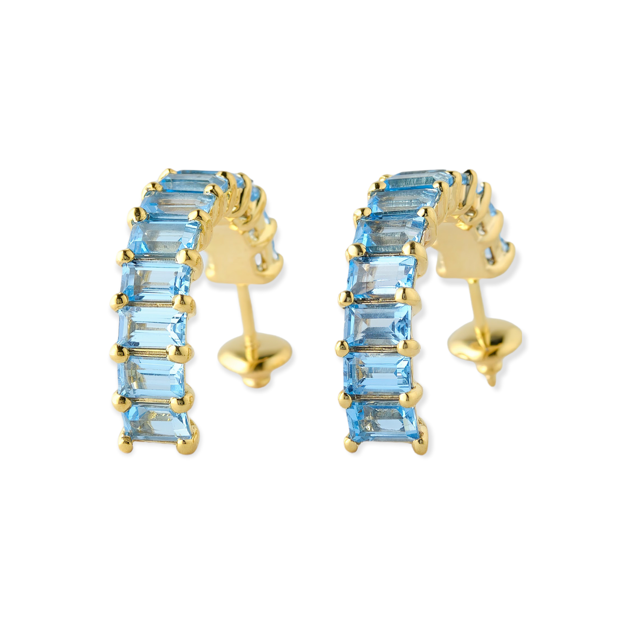 Lyra - Blue Topaz Emerald Cut Gold Hoop Earrings