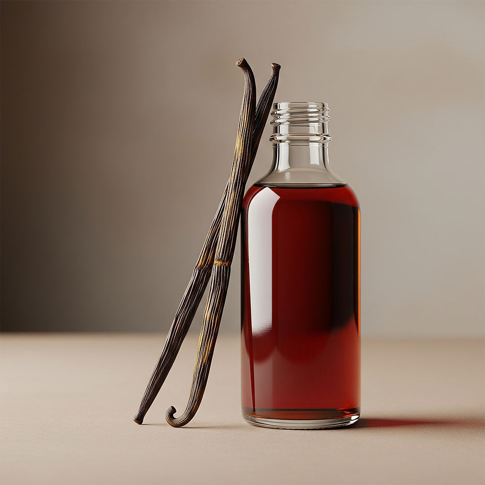 Vanilla pods sitting on a bottle of vanilla aroma