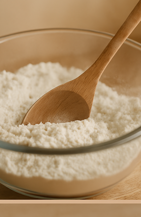 A bowl with flour and a wooden spoon