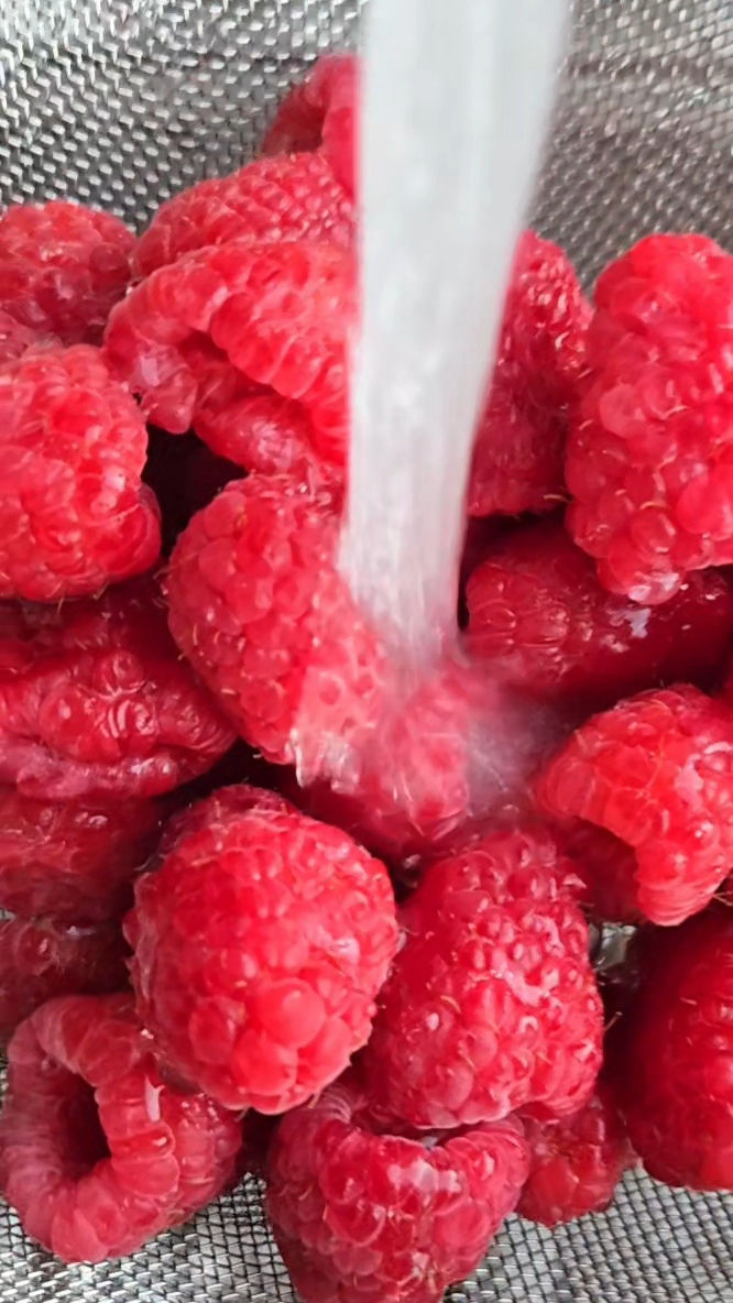Fresh raspberries being washed