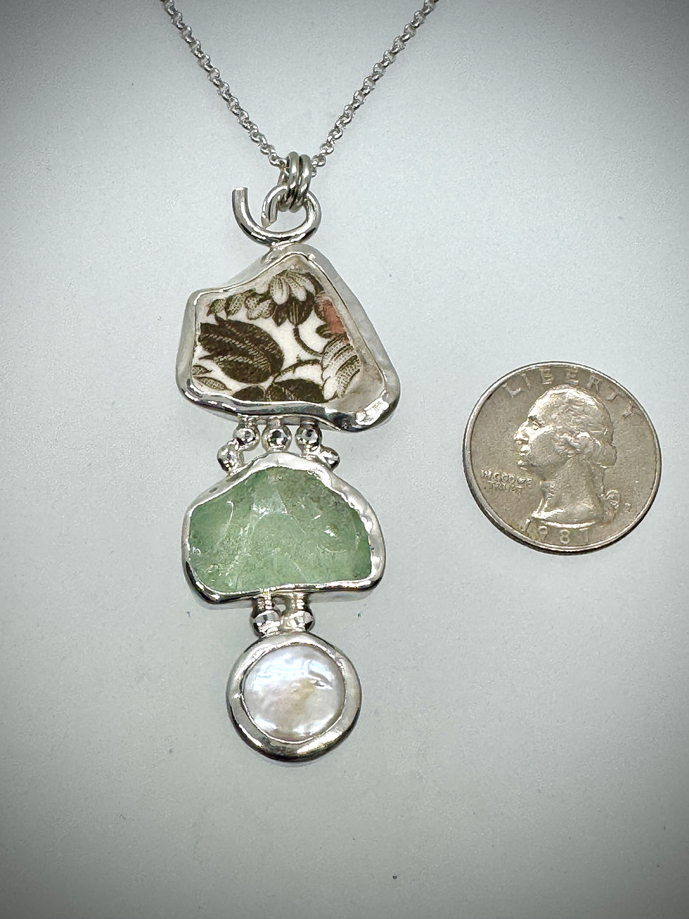 Thumbnail: Sterling Piece of Maine Sea Pottery, sea Glass ans Pearl Bauble Necklace