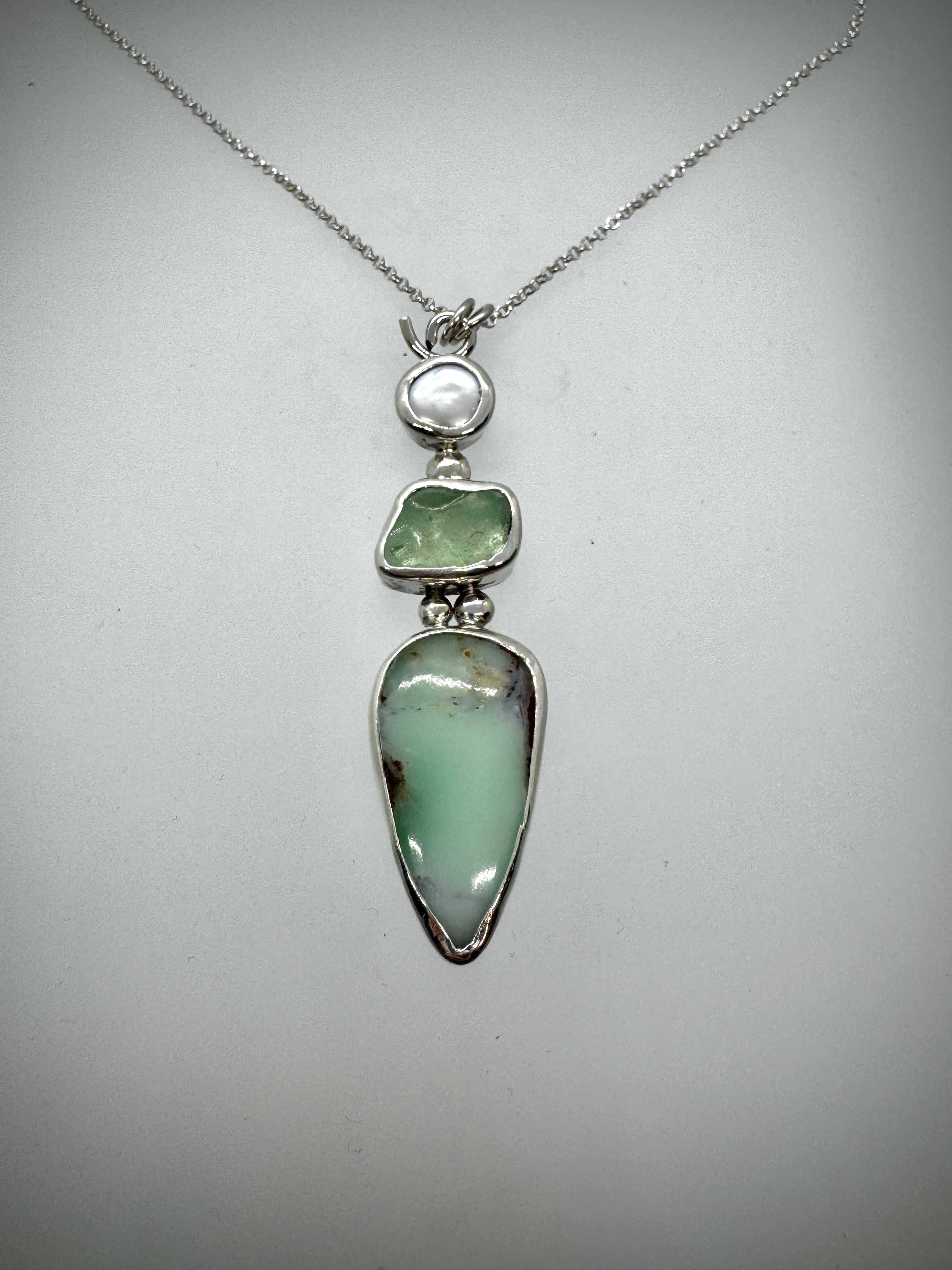 Sterling Piece of Maine Pearl, Aqua Sea Glass and Chrysoprase Bauble Necklace