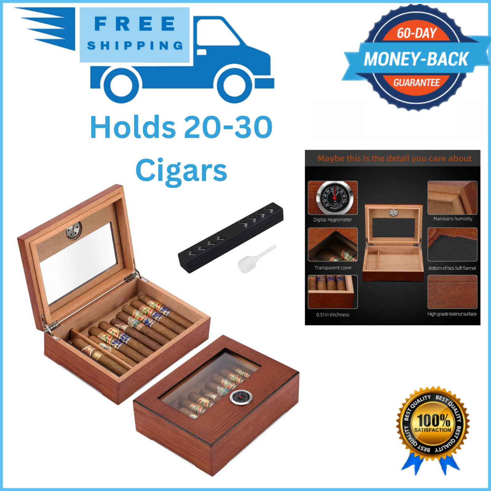 Cigar Humidor Glass Top Cigar Box with Hygrometer Humidifier and Divider Desktop