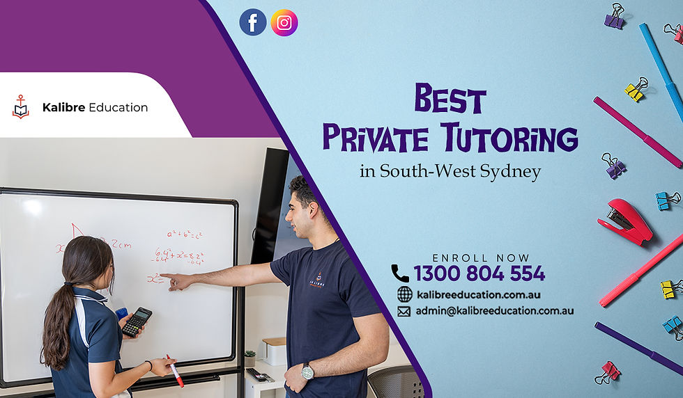 Tutor helping student at a whiteboard with math; promo text for "Best Private Tutoring" in South-West Sydney. Contact info displayed.