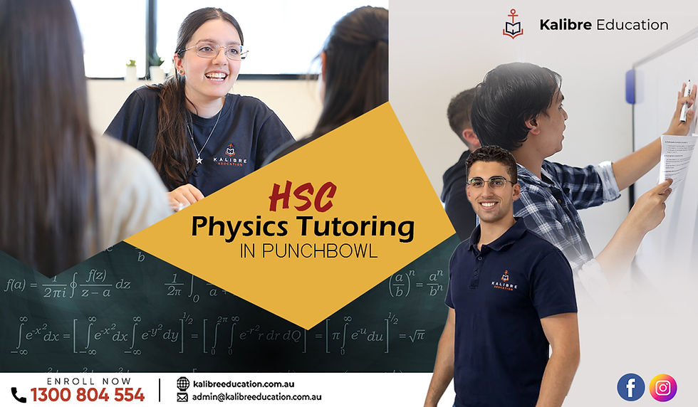 Smiling tutor teaching physics. Text: HSC Physics Tutoring in Punchbowl. Math equations in background. Contact info and logo visible.