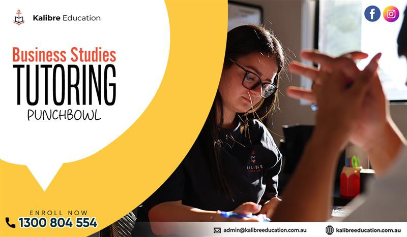 Person studying in a sunlit room. Text: Business Studies Tutoring Punchbowl. Contact info and social media icons visible.