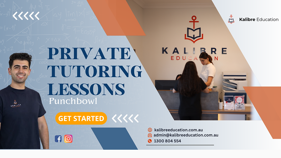 Man smiling beside text "Private Tutoring Lessons" on blue background. Two people at a reception desk with "Kalibre Education" sign. Contact info below.