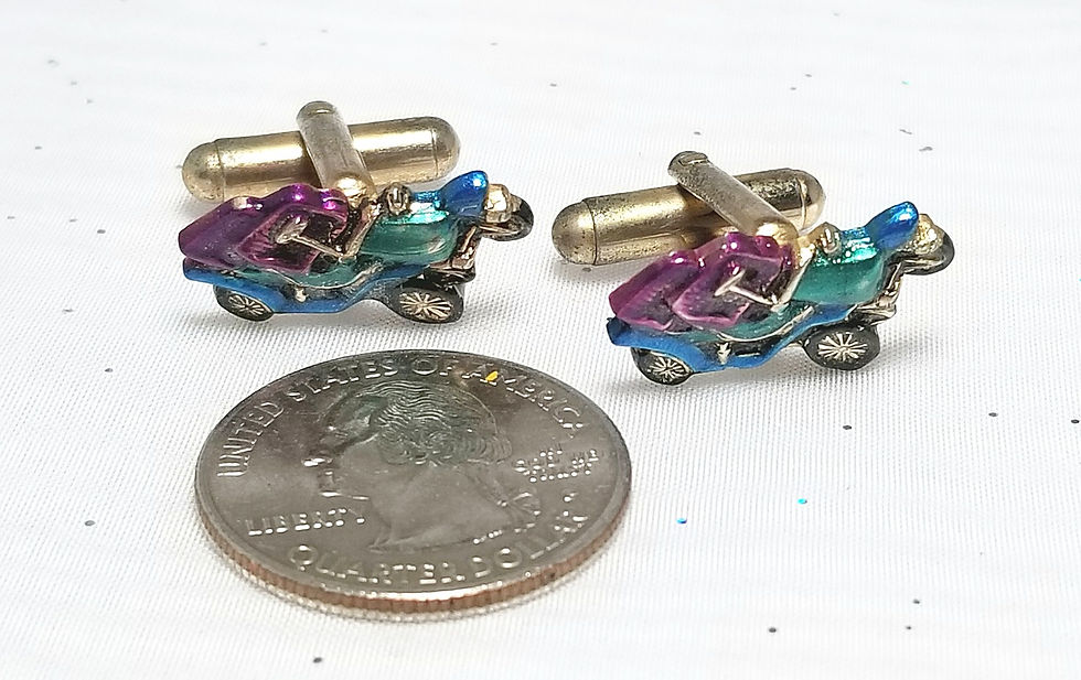 Thumbnail: Designer by provenance, cuff links, antique car motif, multi-colored 3/4 inch