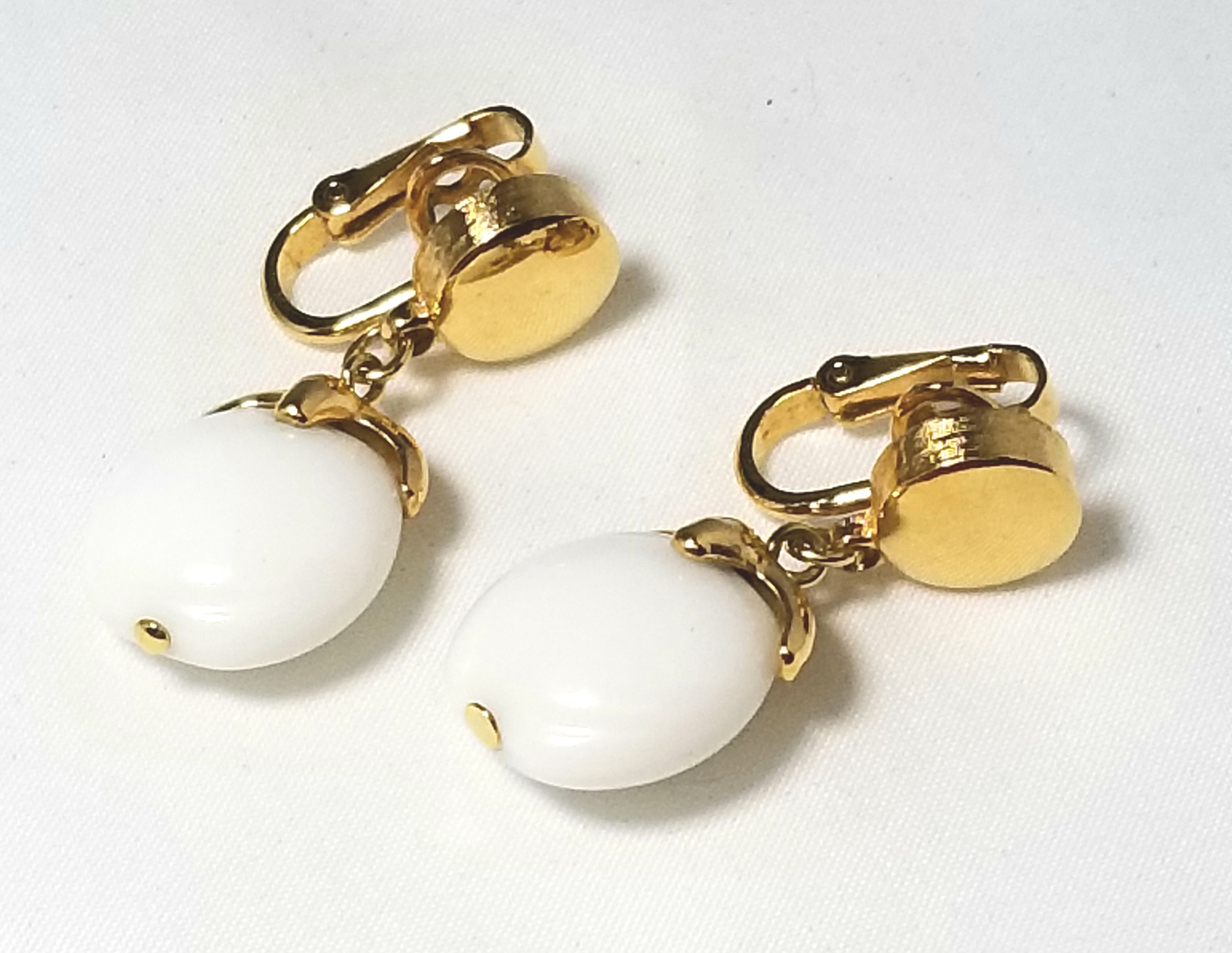 Crown Trifari, white and gold tone drop earrrings, 1 1/4 inch length.