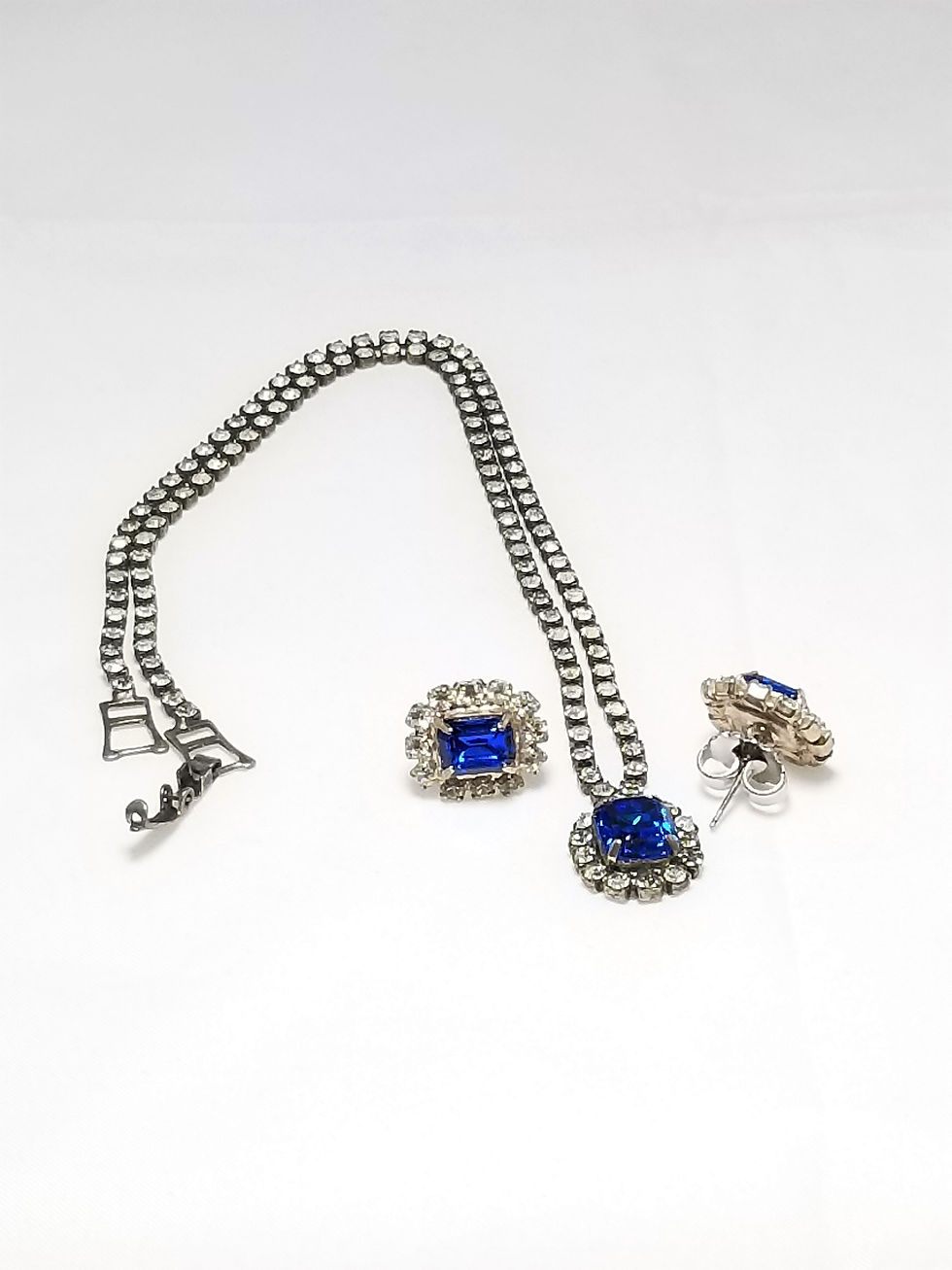 Thumbnail: Neck wear, necklace and earrings, blue and clear rhinestones in silver tone