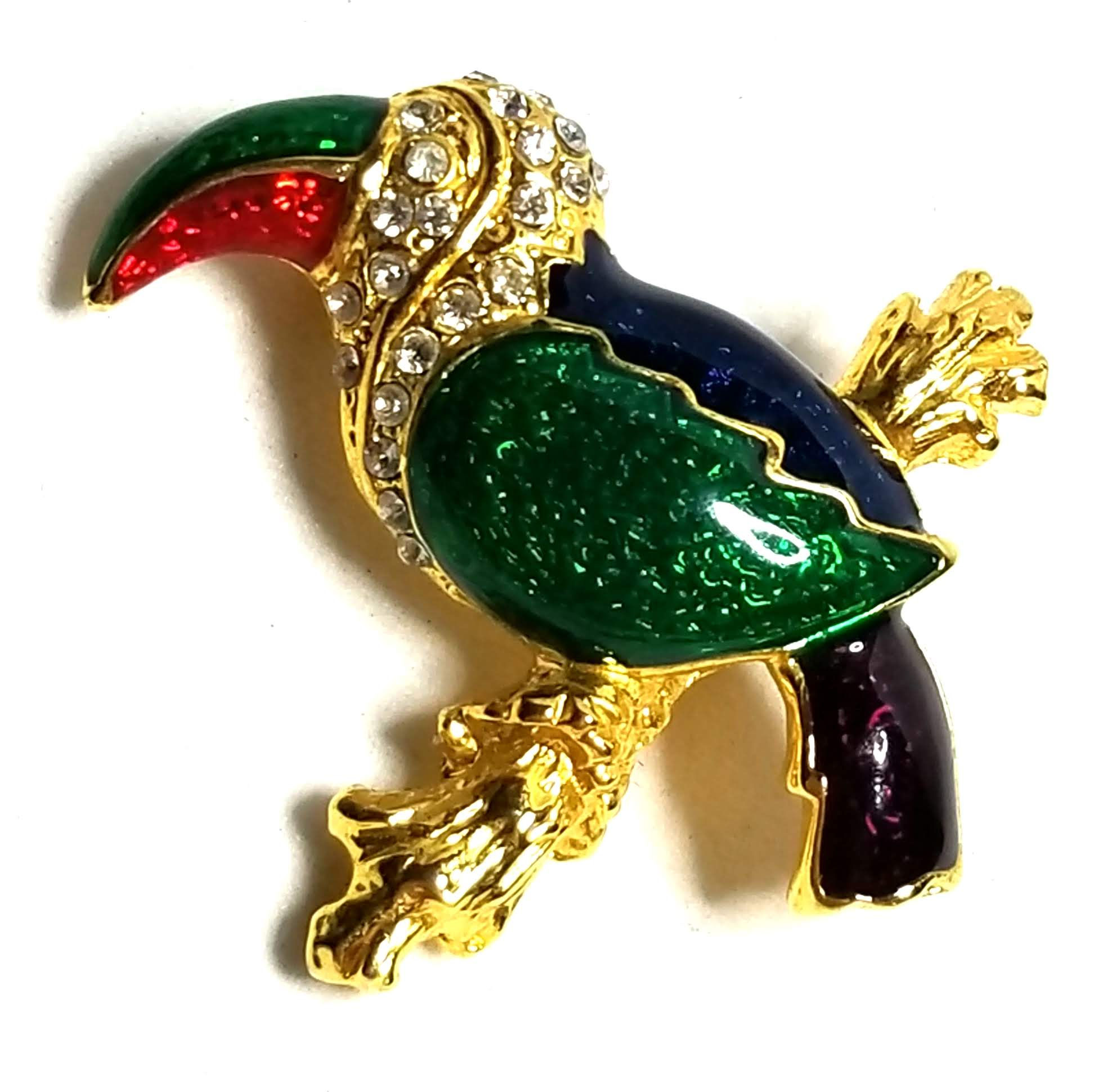 Designer by provenance, brooch, tropical bird motif, multi color, clear stones.